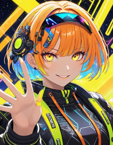  cool adult woman ,  orange short hair and neon yellow eyes、 face close-up 、Cyberpunk clothing、neon galaxy background 、 Smile of Determination  、 raise your hand、Decoration、 is dazzling