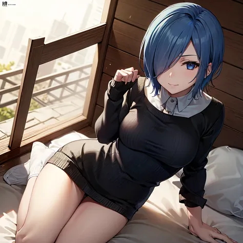 source_anime, solo, 1girl, kirishima touka, seductive smile, looking at viewer, blue hair, hair over one eye, blue eyes, black tight sweater