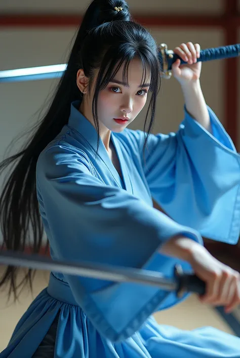 Whole body expression、、 pretty girl、 Japanese、 long, thin, and beautiful eyes 、 long black hair、 with bangs aligned above the eyebrows 、A woman holding a blue dragon sword、The Blue Dragon Sword is a wide sword 、Wear a blue china dress、 opening the crotch a...