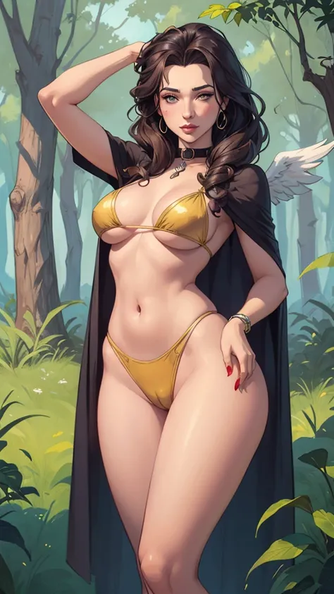  a woman in a bikini and cape is standing in the woods, artgerm julie bell beeple, style ivan talavera and artgerm, zenescope, as seen on artgerm, extremely detailed artgerm, krenz cushart and artgerm, frank cho, chris moore. artgerm , beautiful digital il...