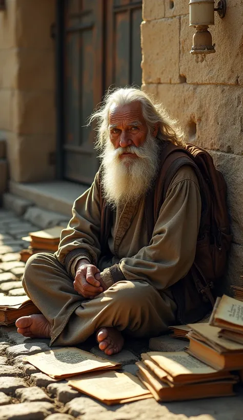 A wispy-haired, aged beggar with a long, flowing white beard and a worn, leather-bound satchel slung over his shoulder, sits cross-legged on a weathered, cobblestone street, his deep, piercing gaze emanating a sense of wisdom and worn experience, surrounde...