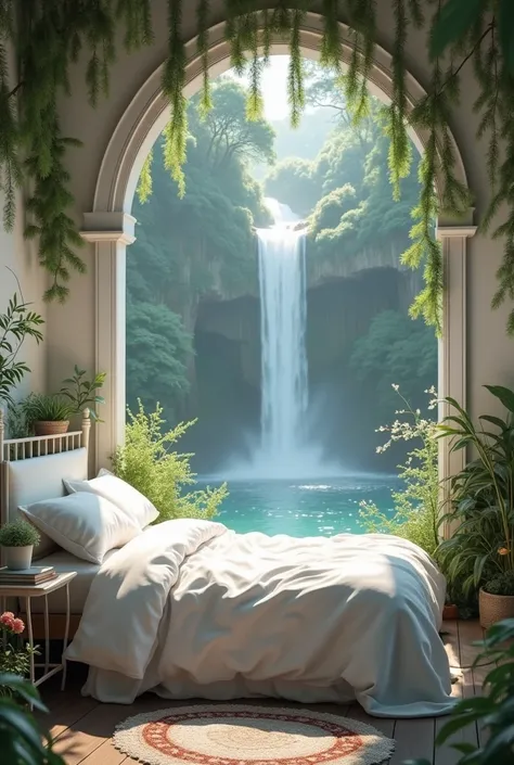 Cute shabby white bedroom in the forest。A fantastic and mysterious view of the waterfall。bed。unmanned。