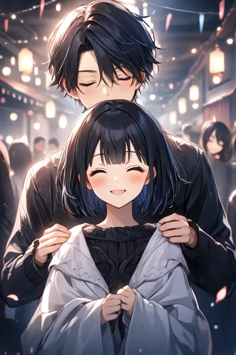  Boy in black (  short hair enough to stick to shoulders ー,  black hair) girl standing  (  black hair,  short hair enough to stick to shoulders ,  bob hair){{kissu, smile ,   eye closed ,  red face, , 