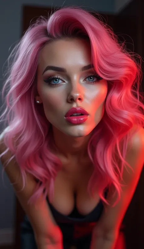 ultra realistic, photography, long pink hair, (wavy elegant hair, blue eyes, perfect round lips, 2, gorgeous face, voluptuous figure, perfect fit body, big enhanced breasts), femme fatale, Long eye lashes, seductive eyes, Award Winning Glamour Photograph e...