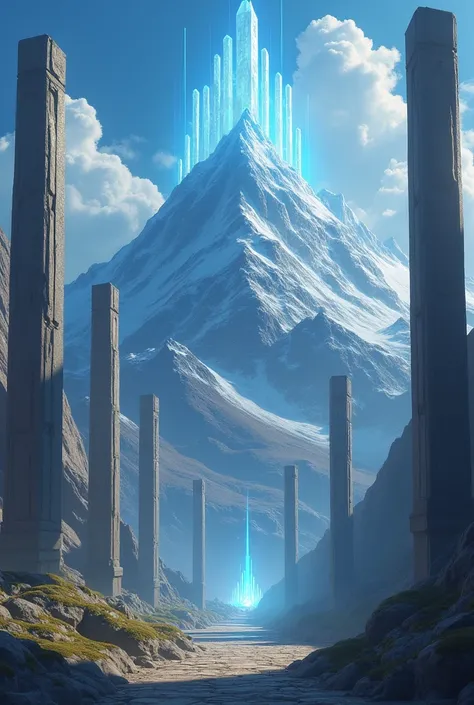 A mountain with pillars in a circle with floating crystals. 