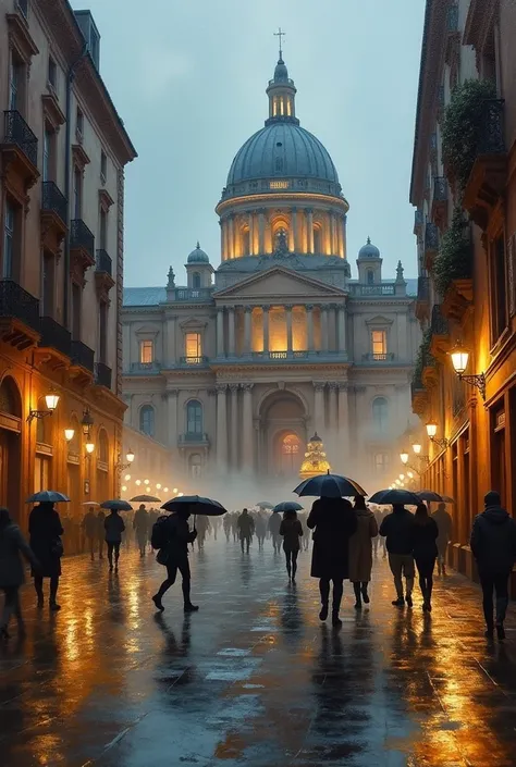 The Place du Capitole in Toulouse in the evening in the rain in the manner of Antoine Blanchard