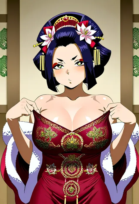 A lady ninja warrior (cute, geisha make up, elaborate geisha dress intricate Christmas embroidery, amazing eyes, sultry pose, pouting lips), in a Asian holiday temple, she is peeling off her dress as she dance blooming nude as the white lotus, seductive da...