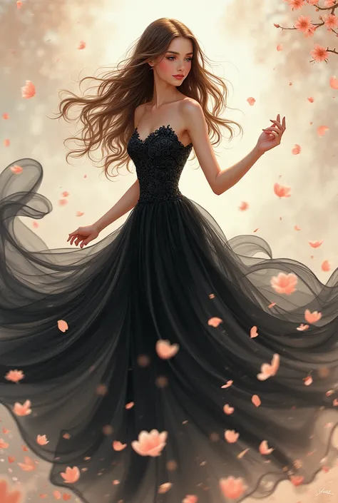 Pretty Girl Chest Black Rose Dress with Dancing Petals Illustration Style