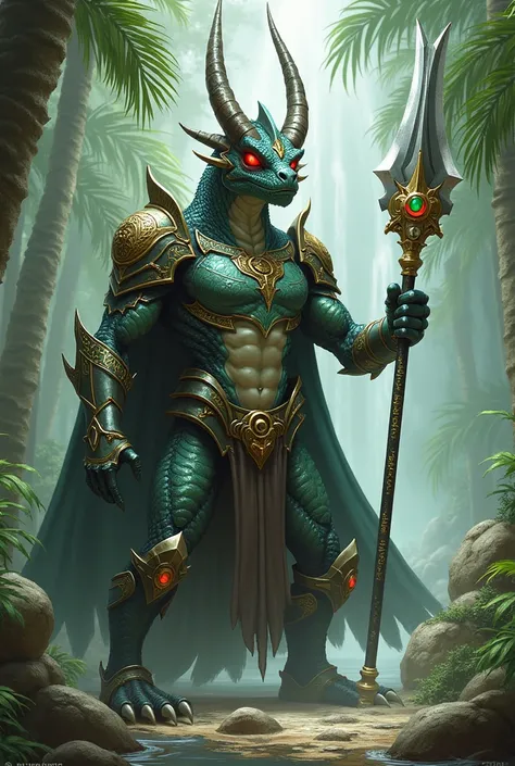 Create Magic the Gathering style: a horned black dragonian with red eyes wearing a metallic hauberk platinum steampunk with gold details holding a platinum steampunk spear with gold runes with a green magic jewel on the tip in a beautiful oasis 