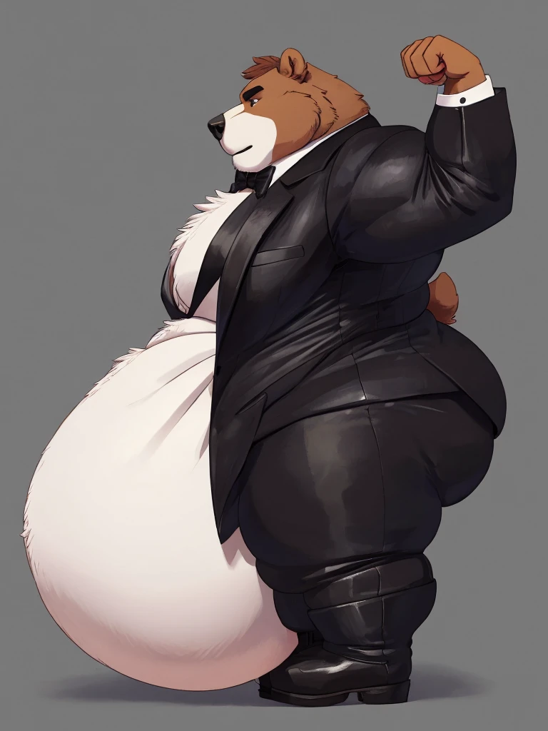 Very extremely morbidly-Obese Grizzly Bear with unbelievably very very very extremely massive overhang white belly, wears Boots, Flexing, wears full Tuxedo suit, side view. 