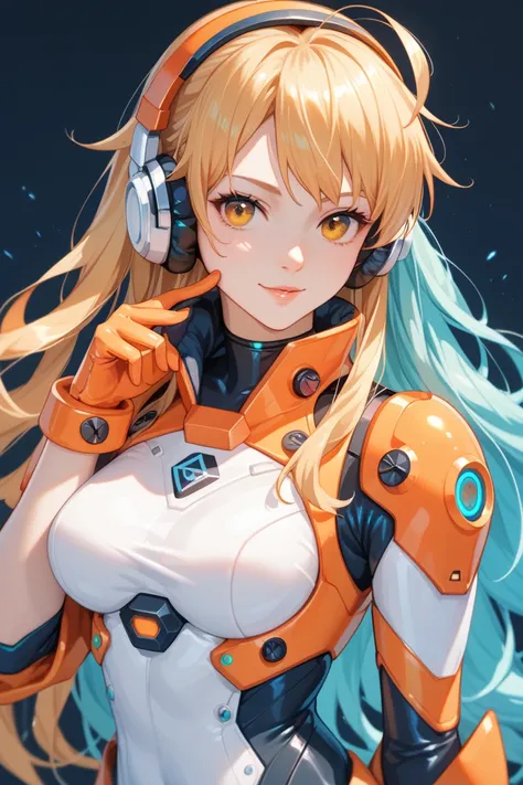  symphogia，Hibiki Tachibana， short orange blonde ， orange eyes ， Headphones ， white muffler，Cyber Suit， gauntlet ，魔法少女Iska，Iska， long aqua hair ， red eyes，青いCyber Suit，And combined ，