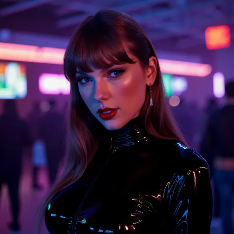 portrait of taylor, she is wearing shiny red lip gloss, looking directly at the viewer, she is wearing a latex cyberpunk outfit, she is standing in a nightclub, the room is brightly lit with neon lights,