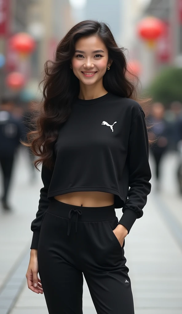 photograph,  Front View, Full body,  standing pose, 1 Chinese cute woman ,20-age, fashion model, ambassador of PUMA,  (black curl hair long hair,  brown eyes ,smile, natural make up), Womens  Wool 1 piece running style  Black inner wear,  black on top with...