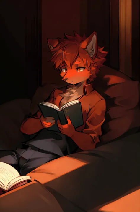 Boy, furry, orange, red, reading