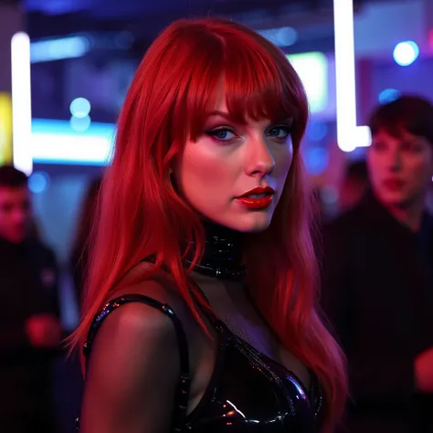 portrait of taylor, red hair, she is wearing shiny red lip gloss, looking directly at the viewer, she is wearing a latex cyberpunk outfit, she is standing in a nightclub, the room is brightly lit with neon lights,