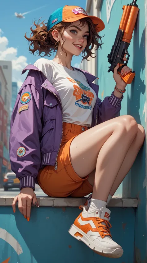 Julie from Zombies Ate My Neighbors, 90’s trucker hat, messy hair, brown hair, violet jacket, white t shirt, orange shorts, white sneakers, squirt gun