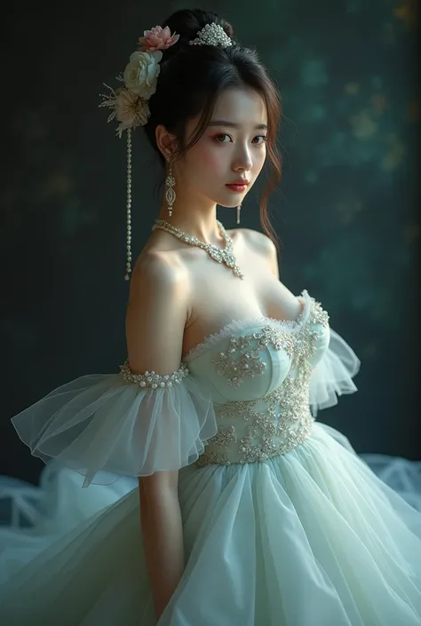 最high quality, masterpiece, High resolution, beautiful Korean sexy buxom voluptuous woman, Porcelain Dress, hair accessory, necklace, jewelry, Beautiful Face, On the body, Tyndall effect, Realistic, Dark studio, Edge lighting, Two-tone lighting, (Skin with...