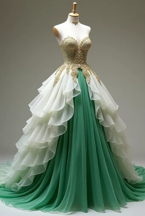 Long wedding gown dress for women on a maniqune  more fluffy and more expensive  

Make the colour in white and green combination also add diamond works in it and gold outlines 