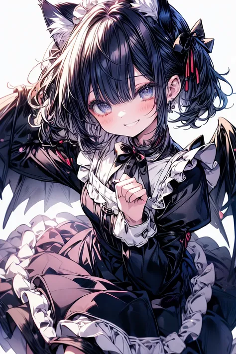 Cat-eared maid saying "Thank you!" while bowing with both hands, smiling, wearing a short black maid outfit, frilly apron