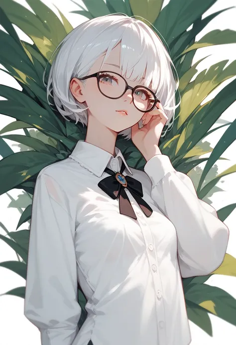 elder sister, thin, Short white hair,   wearing glasses  ,  small breasts, White shirt with black trim,