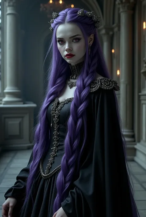 A gothic vampire queen who has long purple hair and wears her hair braided 