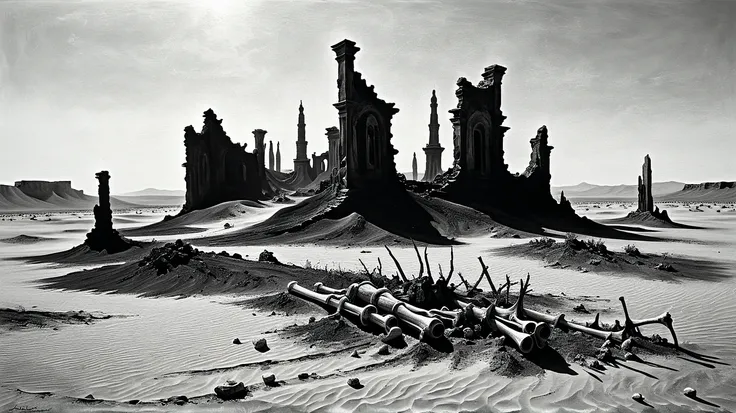 Desert, sand, ruins, bones, dryness, mirage, heat, death, antiquity, mystery, minimalism, charcoal, clarity, modern art, in detail