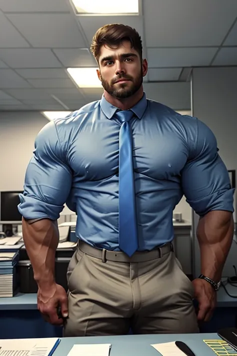  25-year-old male, executive, manly,  very muscular,  wearing a tight light blue shirt, blue tie,  Standing in his office , trimmed beard,  talking on the cell phone , your office is luxurious , well lit