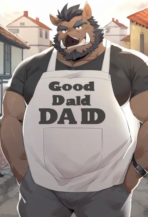 Wild Boar，personification，Mature male，good dad，Smirk，Powerful body，Black pupil，dark gray eyebrows，short black hair，dark gray beard， black shirt， white apron， black shirtHands in pockets，town。