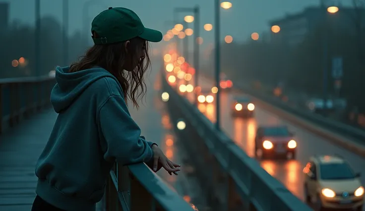 A girl in a gray hoodie, loose black pants, a green baseball cap and wavy hair is leaning on a footbridge and looking from above. There are cars and motorcycles under the bridge. Top and front view at night