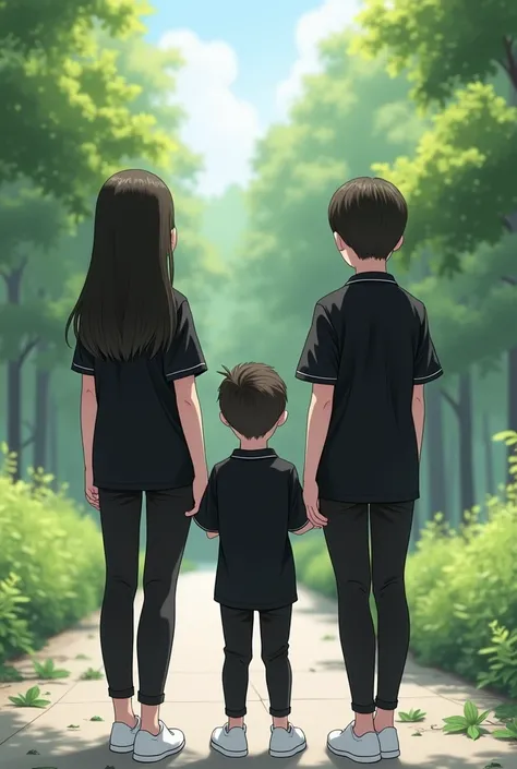 2 girls and 1 boy is weating black polo shirt ,black pqnts,white shoes, the background is in the park.