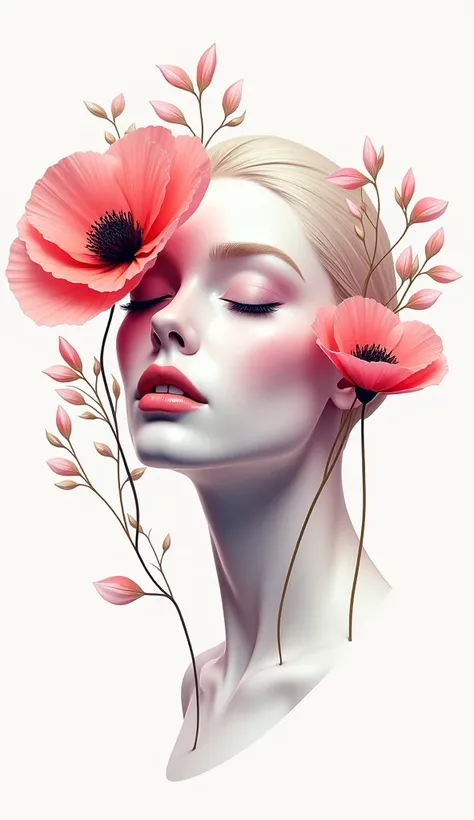 Design a futuristic illustration of a perfect face, characterized by smooth, symmetrical features and abstract geometric shapes formed by vector lines. Integrate elements of stylized small Poppy floral art, intertwining delicate leaves and blossoms around ...