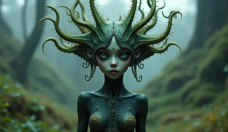 Deep black copper plant goddess demon of nature made of plants of Silent Hill,chinesse pixie,A charming and fascinating creature with otherworldly forms that blend the best aspects of the monster human form and the innocent charm of a precocious , once pre...