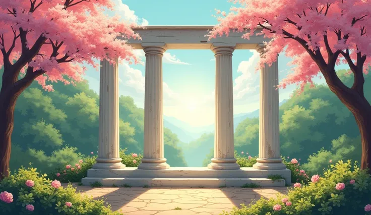 morning sunlight falling on white roman pillars structure, lush greenary, with colorful flowers, weathering effect on pillars, blossom trees with branchs on both sides, anime colors but really realistic, having haze, upscaled