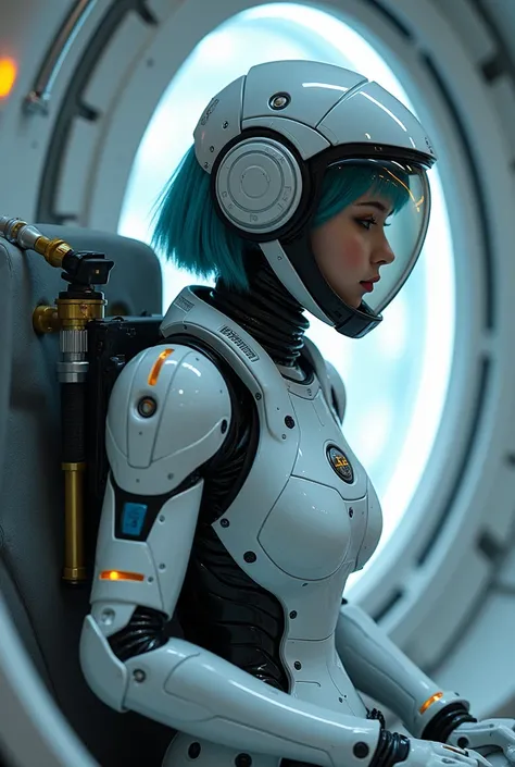 High Resolution, Breasts, Short and cyan Hair, A 20 years old, white, girl wearing a robotic full-body space suit with helmet and info being shown on its visor as a display but the helmet is opaque from outside but the info can be seen and An oxygen pack a...