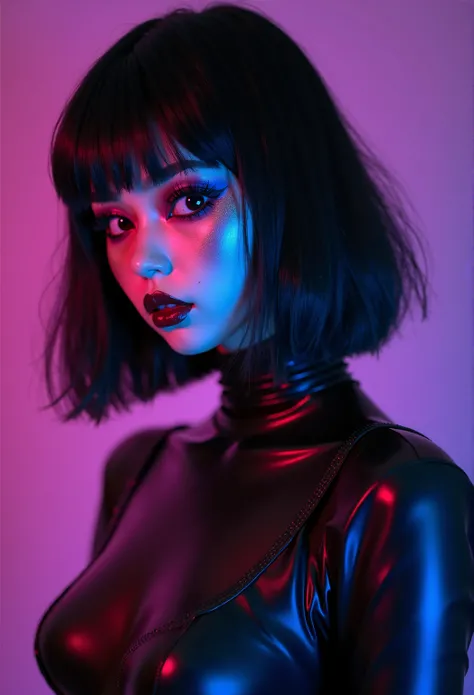 asian high school girl with big black eyes, ulzzang, portrait, (anime), manga, sexy, Latex, 8ｋ,Highest quality,masterpiece, Sharp focus, tight round ass, from behind, standing, thigh highs, slender legs, young japanese girl, cleavage, ((((80’s glam rock ma...