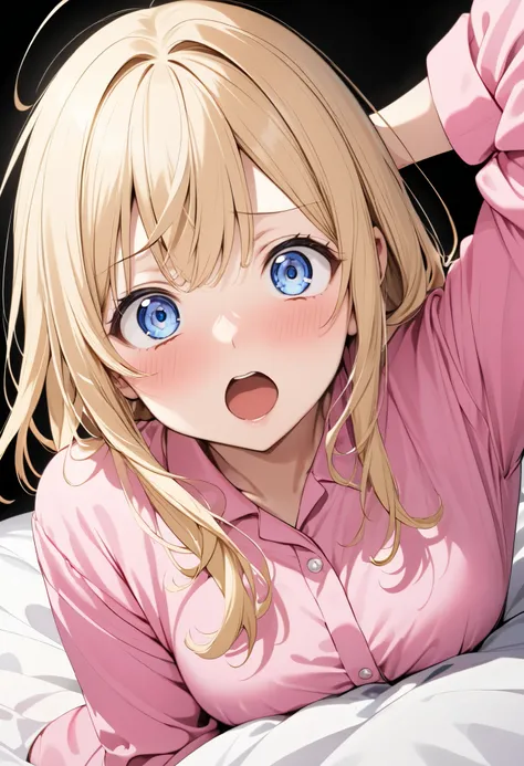  surprised expression、BLACK background、intercourse、Blonde Medium、 blue eyes、、 girl、 pink pajamas