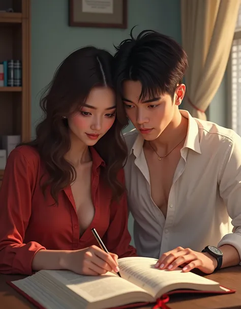 I would like to create a REALISTIC AI of a girl with long wavy brown hair and brown eyes, and she is very beautiful, she wears a slightly unbuttoned red blouse and with her sitting next to her on a desk in her room there is a very handsome boy with black h...