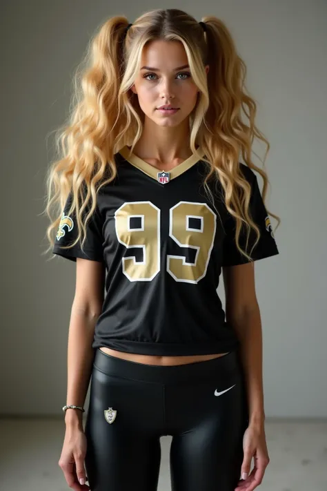 full length photo, a very realistic araffe 23 year old blonde woman with high side very curly ponytails in black panties and a New Orleans Saints number nine jersey