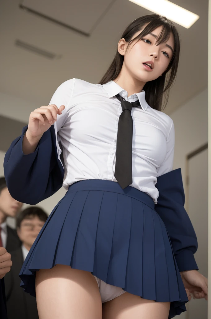 清楚な Japaneseの美人女子学生を物色する中年男性たち, Female students forced to participate in a undressing game by middle-aged men , Female students are suddenly stripped of their school uniforms by middle-aged men on all sides and their pure white underwear is revealed in fro...