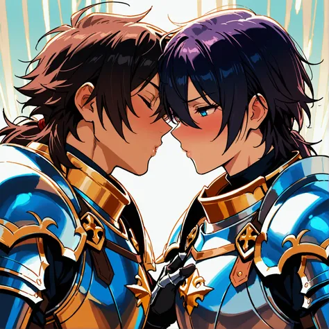 Two men in knight armor kissing, ((ultra quality)), anime enhancement, ((8k resolution, masterpiece, best quality)), ultra detailed, ultra sharp, perfect colors, perfectly shaded, perfect lighting, very detailed face, perfect anatomy