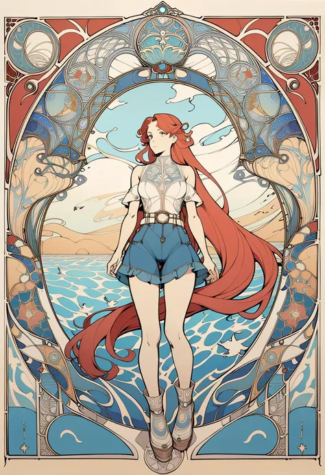 ((best quality)) , ((masterpiece)) , (detailed),A female character, long hair, short-sleeved top, black shorts, white belt, blue skirt, red trim, flower patterned boots, beach background, seagulls flying, clear sky.((art nouveau style , decorative, curvili...