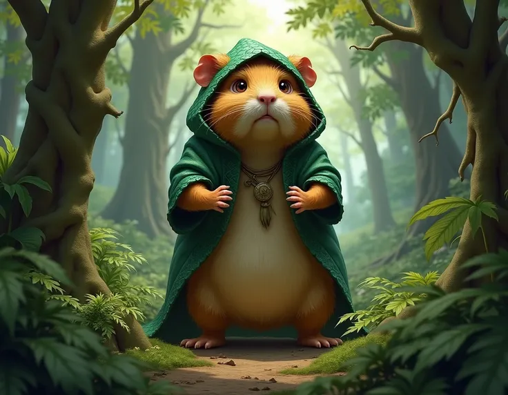 in a forest, large, upset guinea pig, standing on two legs, wearing a hooded tunic made of green reptile skin
