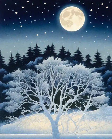 A beautiful winter landscape with a full moon in the background, detailed evergreen trees covered in snow, moonlit snowy field, glowing moonlight, night sky with a bright full moon, stunning moonlight illumination, by Kaii Higashiyama, Miwa Komatsu, and Ik...