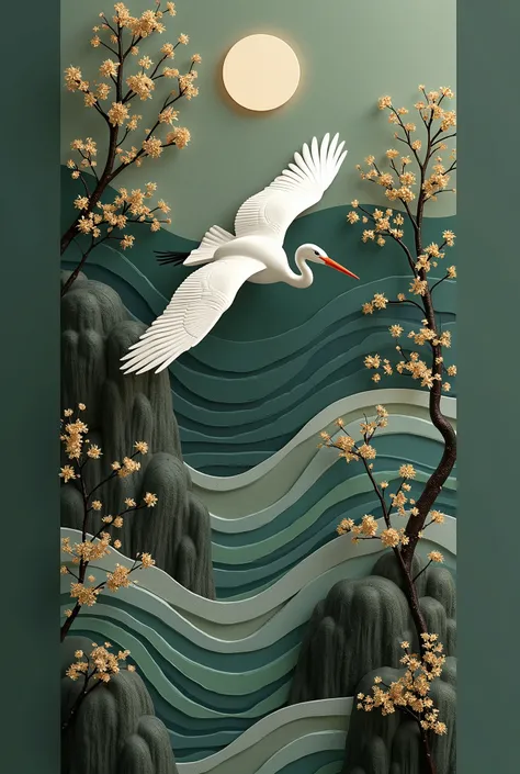 Highly detailed and stylish 3D rendered digital artwork featuring serene natural scenes. The layout is vertical, with a harmonious composition of elements. A white crane with outstretched wings is clearly depicted in the top center, soaring gracefully. The...