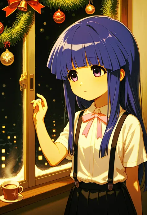 Furude Rika,   girl, Alone, Snowy Windowside 、 Christmas Decorations 、Warm knitwear、 Hot Drink in Hand 、 A Gentle Look Out of the Window,  Blue Hair ,   purple eyes,   white shirt ,   Pink Ribbon   ,   suspenders,    black skirt   ,