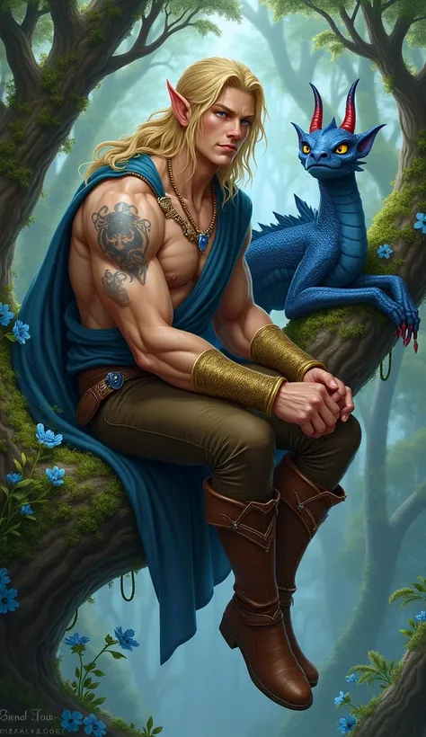 The character has a muscular and well-defined build.
His skin is fair and has a slightly tanned tone.
He has long, blonde hair, combed back, with some strands falling over his face.
His ears are pointed, typical characteristics of elves.
His eyes are a lig...