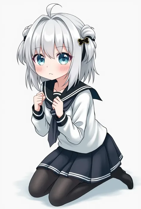 A girl drawn with white hair ,  her bangs cover her light blue left eye,  she has a bone-shaped brooch , She is very tender and has dark circles under her eyes ,  she wears a black skirt and black tights , He has a black diver.  draw her kneeling and looki...