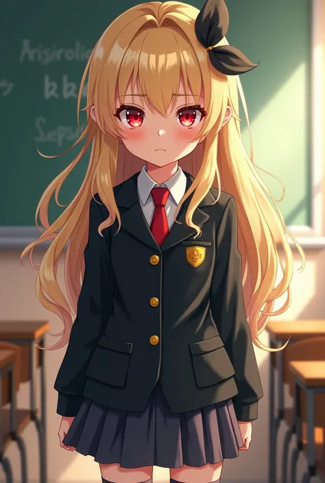  Prompts Super delicate and cute girl with black hair、a high school student、、 8k Ultra High Definition , delicate texture,long light yellow hair、[angry face、serious look、red eyes、 classroom ,  school uniform, black buttoned jacket with red bow and small sh...