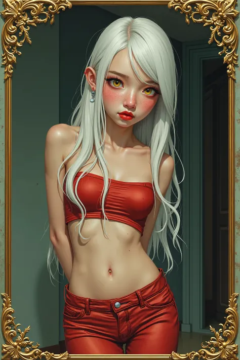 (best quality, highres), portrait, upper body, young cool type girl, long hair, swept-side bangs, white hair, yellow eyes, small breasts, plain wall, ultra detailed cg, hyperrealistic and photorealistic style, detailed skin texture and coloring, (underboob...