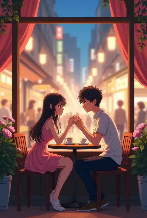 An anime couple sitting at a small table in a charming city café with large windows. The girl is wearing a short, elegant pink dress, crossing her legs as she leans in toward the boy, who is holding her hand across the table. Outside, you can see a bustlin...